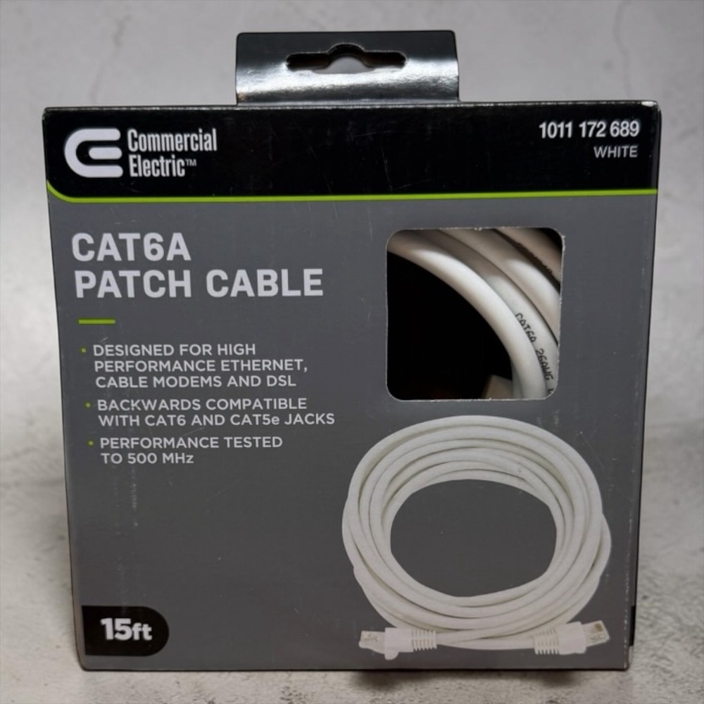 Commercial Electric CAT6A Patch Cable 15ft White Ethernet 500MHz 1011172689